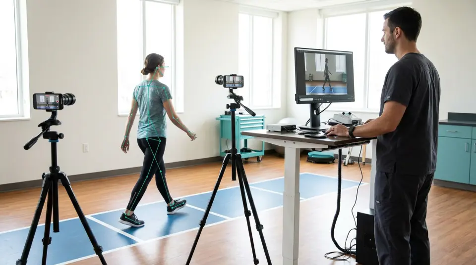 Clinician reviewing a three-dimensional gait and movement assessment