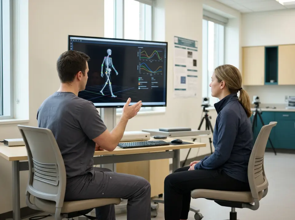 Clinician and patient reviewing a three-dimensional gait assessment